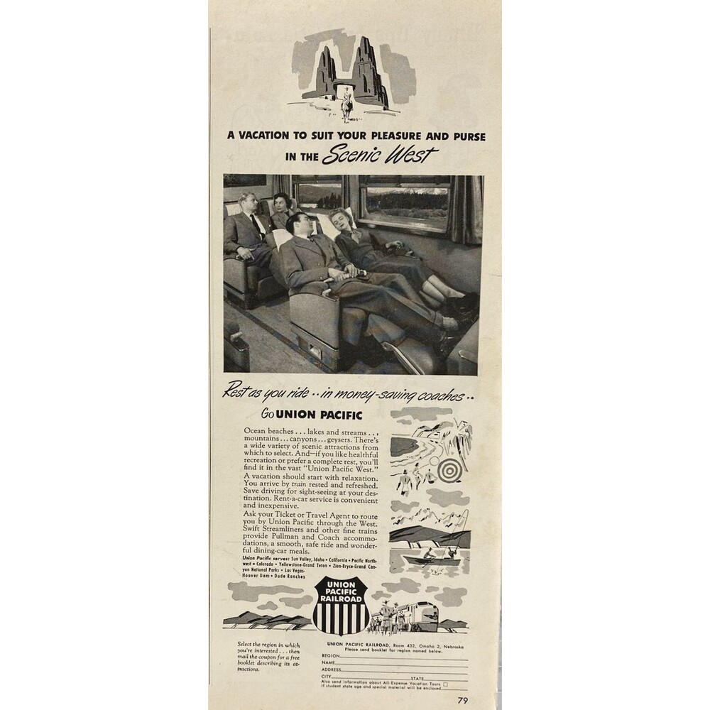 Union Pacific Railroad "A Vacation in the Scenic West" Vintage Print Ad 1951